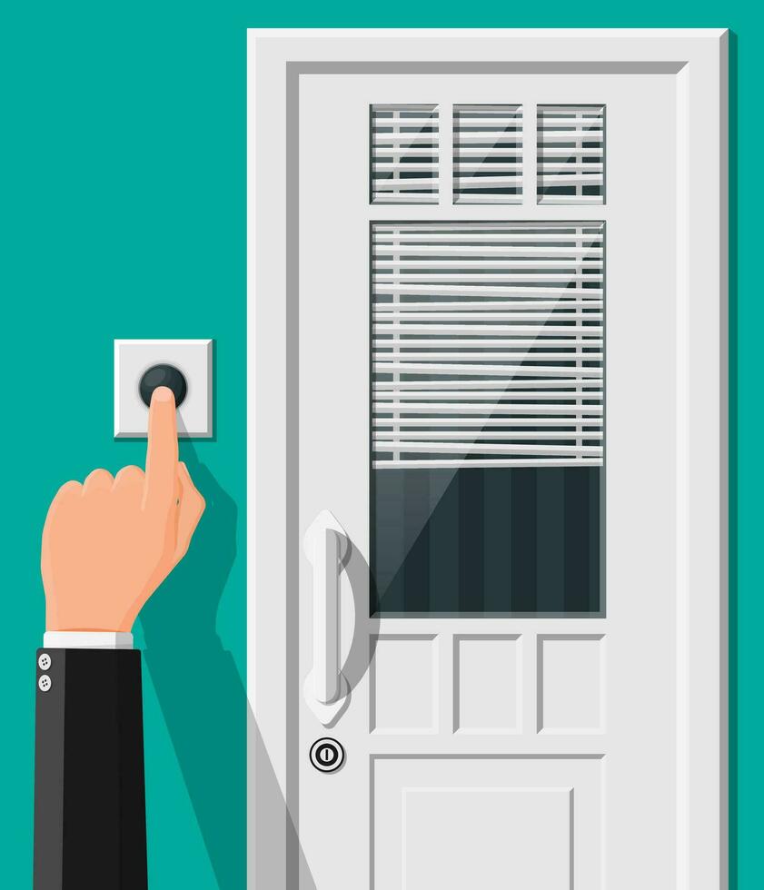 Hand push the bell button at the front door. Finger presses the doorbell switch. Person rings in the apartment. Flat vector illustration