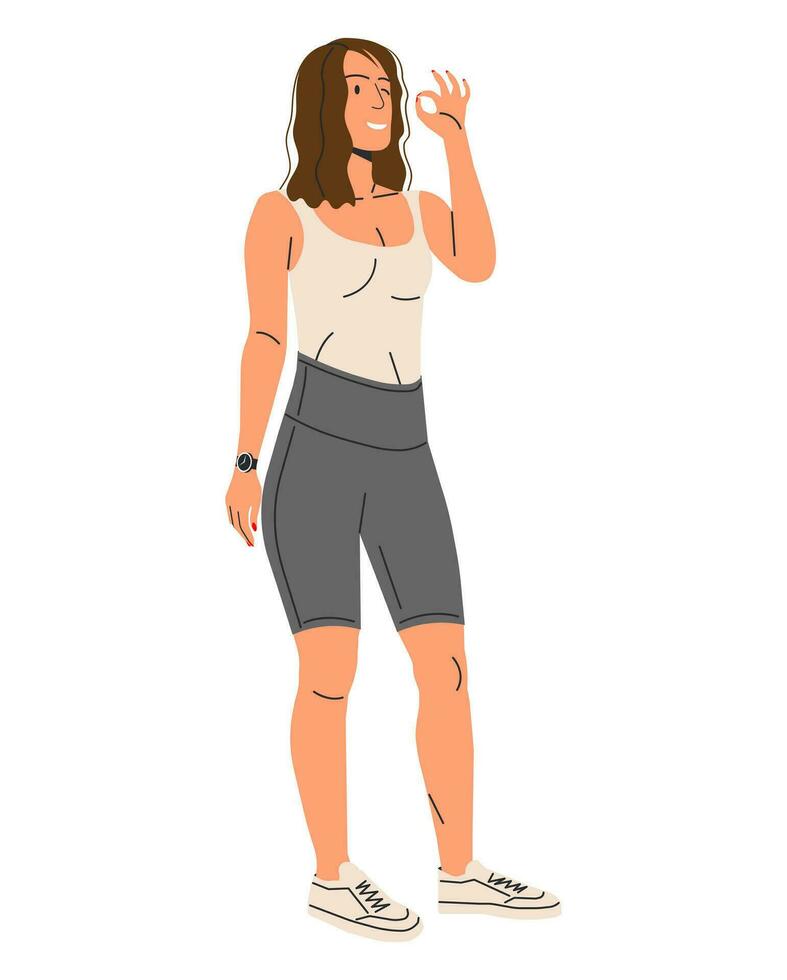 atlético hembra personaje muestra aprobación Okay signo. joven hermosa fuerte mujer espectáculo Okay firmar o gesto. aptitud o deporte niña aislado. mujer en ropa de deporte. dibujos animados plano vector ilustración