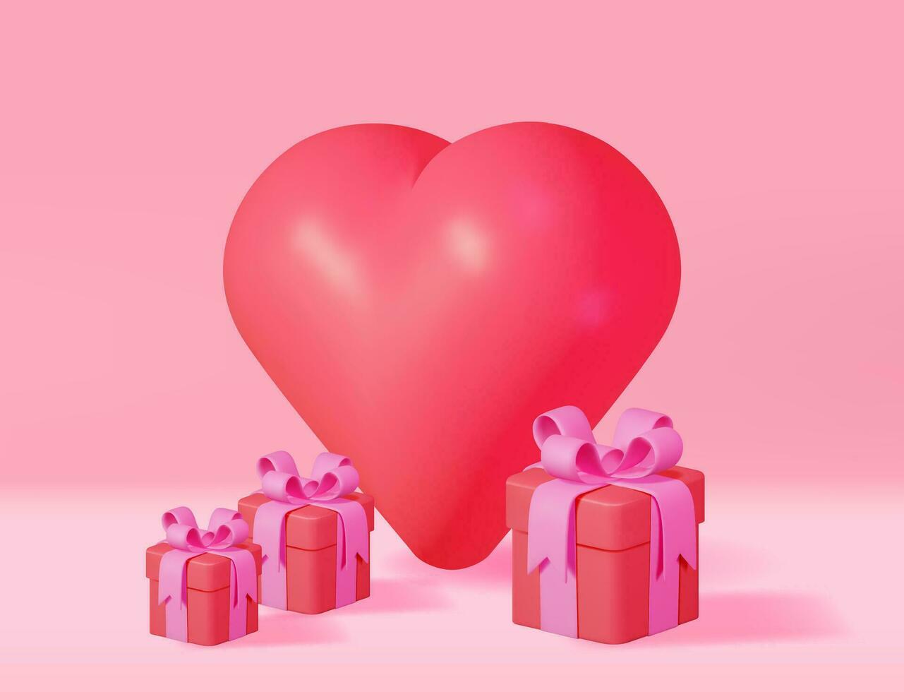3D Red Gift Boxes with Big Heart Background. Render Giftbox Icon. Valentine Day, Birthday Card, Product Display Presentation Advertisement. Realistic Vector Illustration