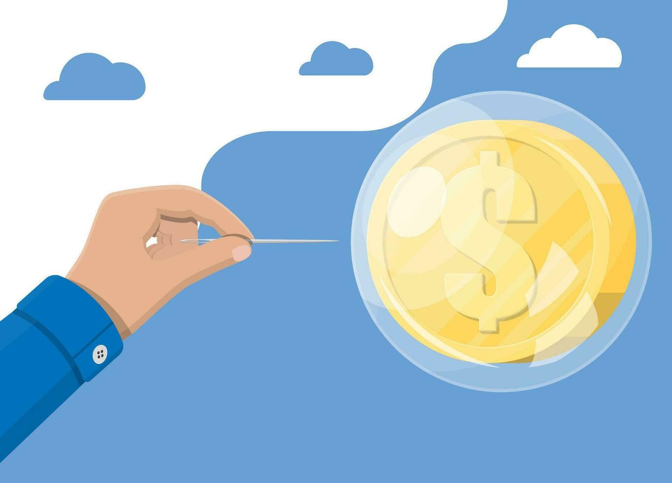 Hand with needle pierces the soap bubble with golden coin. Concept of economy problem or financial crisis, recession, inflation, bankruptcy, income lost, loss of capital. Flat vector illustration