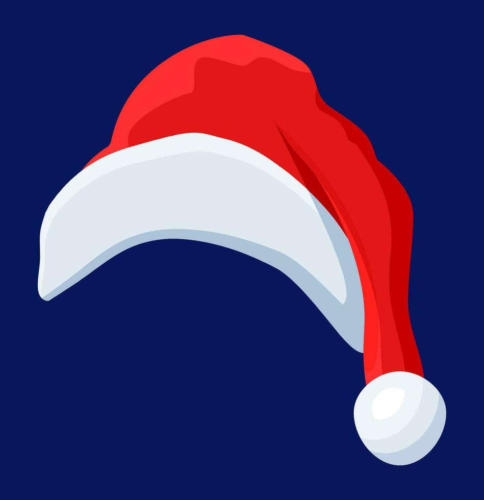 Red Santa Claus Hat Isolated on Blue Background. Hat with Fur and Pompon. Happy New Year Decoration. Merry Christmas Clothes Holiday. New Year and Xmas Celebration. Vector Illustration in Flat Style