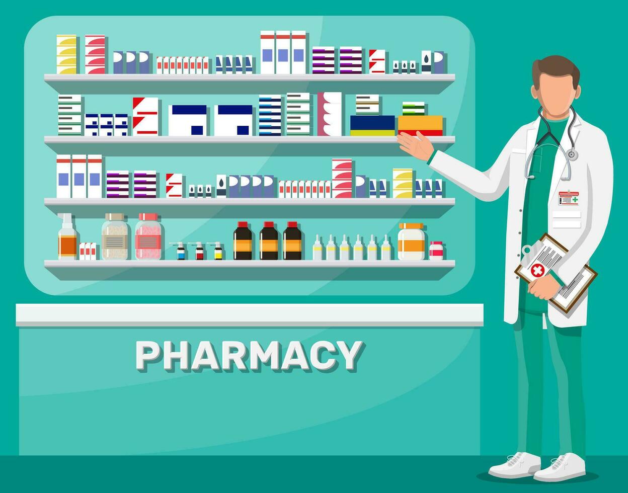 Modern interior of pharmacy and male pharmacist. Medicine pills capsules bottles vitamins and tablets. Drugstore showcase. Shelves with medicines. Medical drug, healthcare. Flat vector illustration