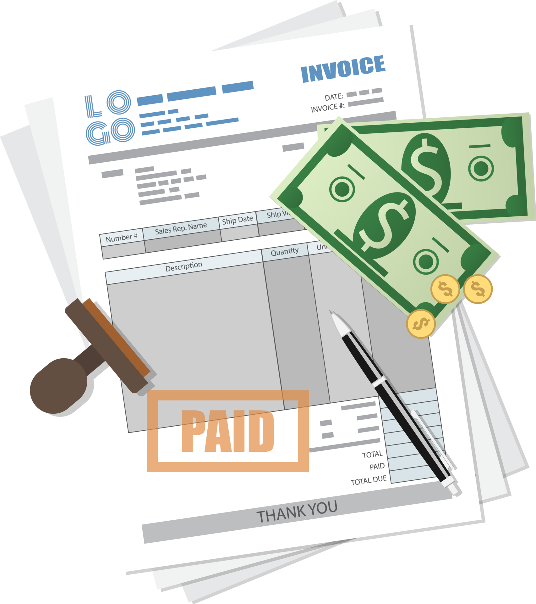 Paper invoice form, paid stamp, pen, cash money 35860804 PNG