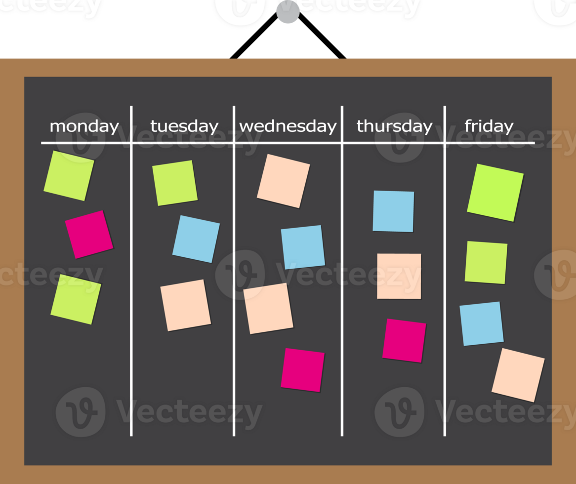 Scrum task board full of tasks on sticky note cards png