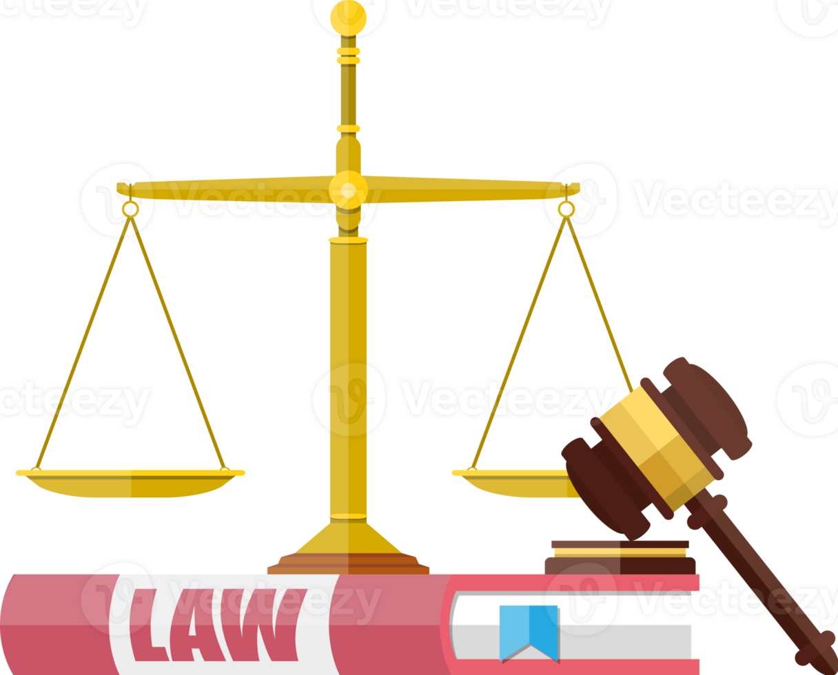 Judge wooden gavel with law book and golden scales png