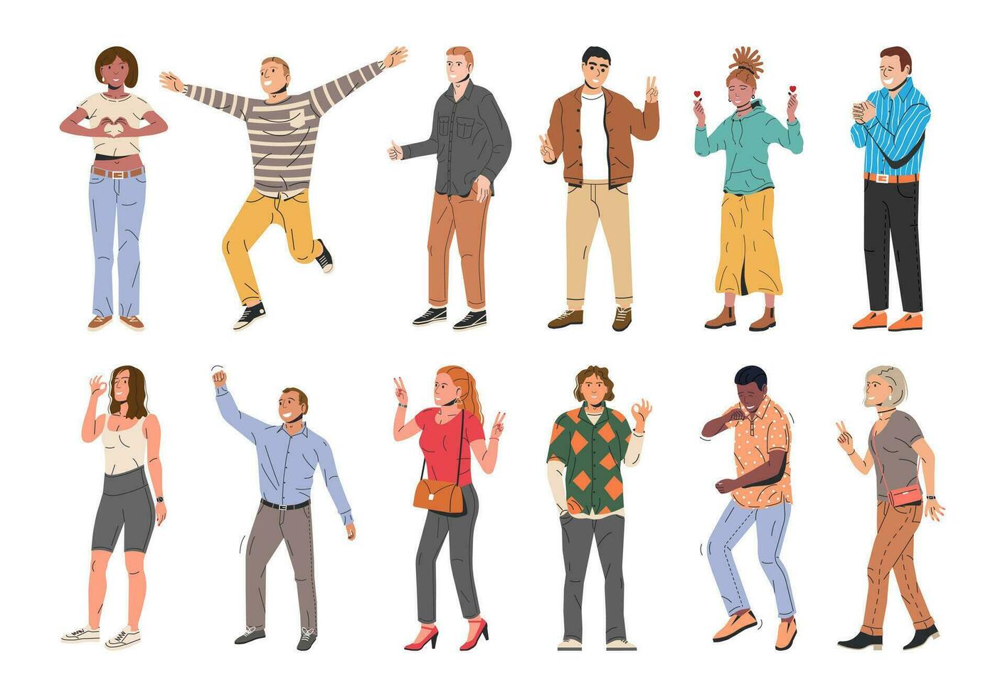 Set of Happiness Emotions Symbols. Various People Showing Positive Body Language Gestures. Woman and Man Show Victory, Heart, Love and Thumb Up Symbols. Happy People. Cartoon Flat Vector Illustration