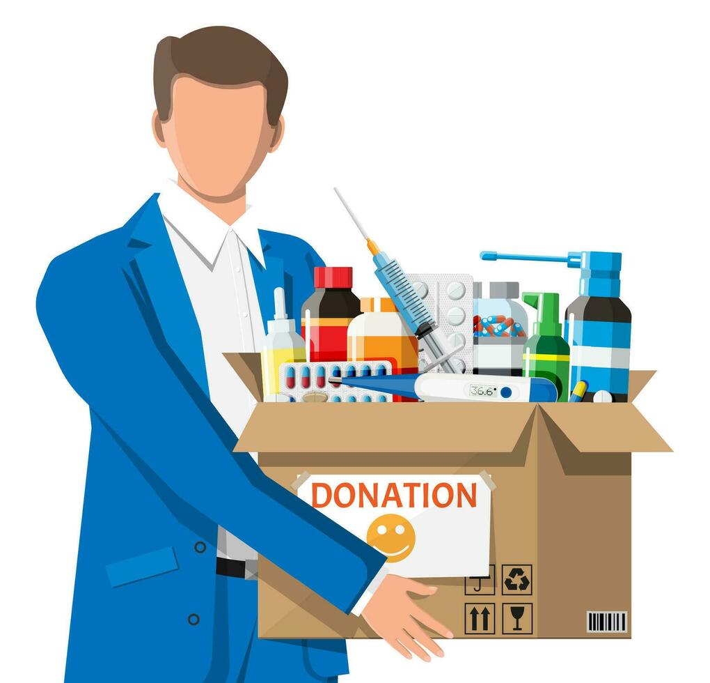 Man and cardboard box full of drugs. Needed items for donation. Different pills bottles, healthcare, pharmacy. Medical drug vitamin, antibiotic. Donate, charity, thanksgiving. Flat vector illustration
