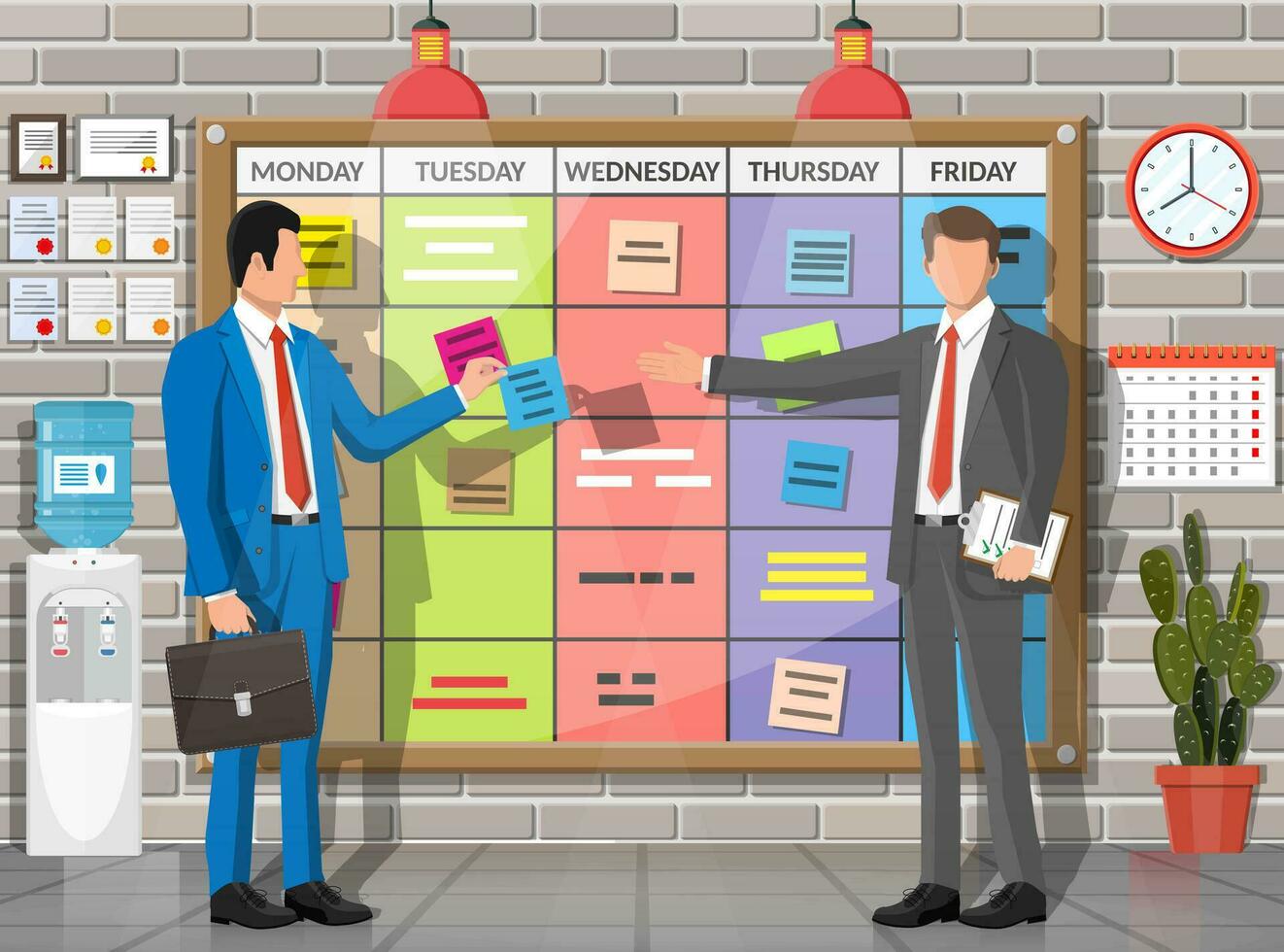 People, scrum board in office interior. Bulletin board hanging on wall full of tasks on sticky note cards. List of event for employee. Development team work agenda to do list. Flat vector illustration