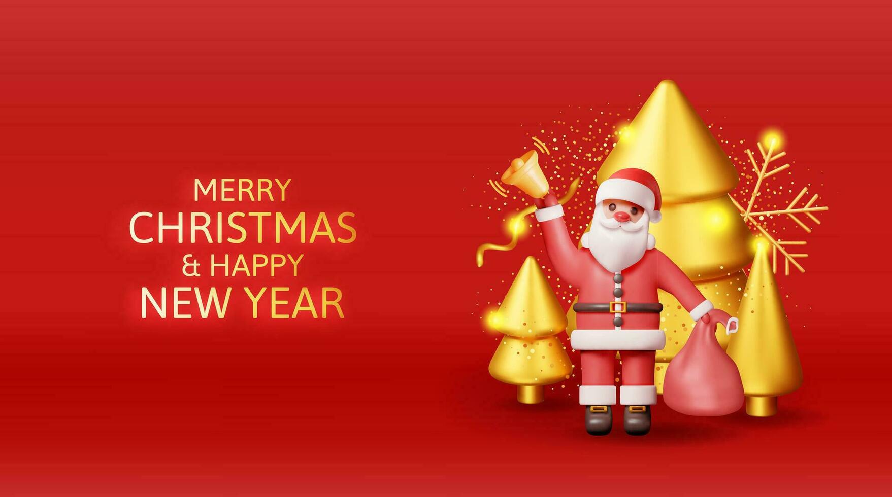 3D Santa Claus with Bell and Gold Christmas Tree. Render Happy New Year Decoration Banner. Merry Christmas Holiday. New Year and Xmas Celebration. Realistic Vector Illustration