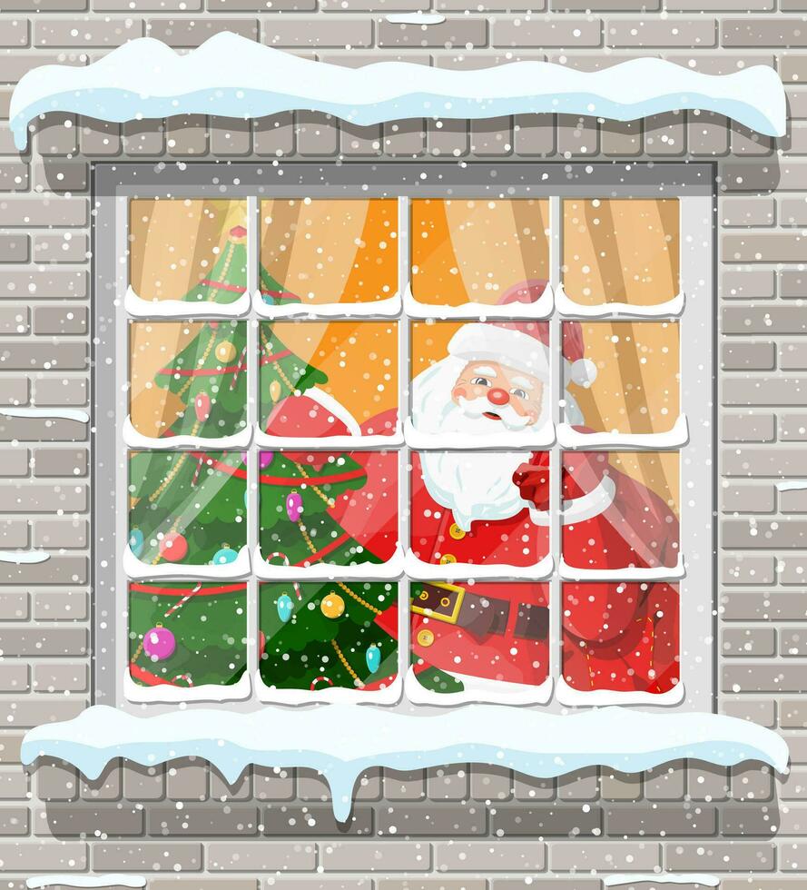 Christmas window in brick wall. Living room with fir tree and santa claus with gift bag. Happy new year decoration. Merry christmas holiday. New year and xmas celebration. Flat vector illustration