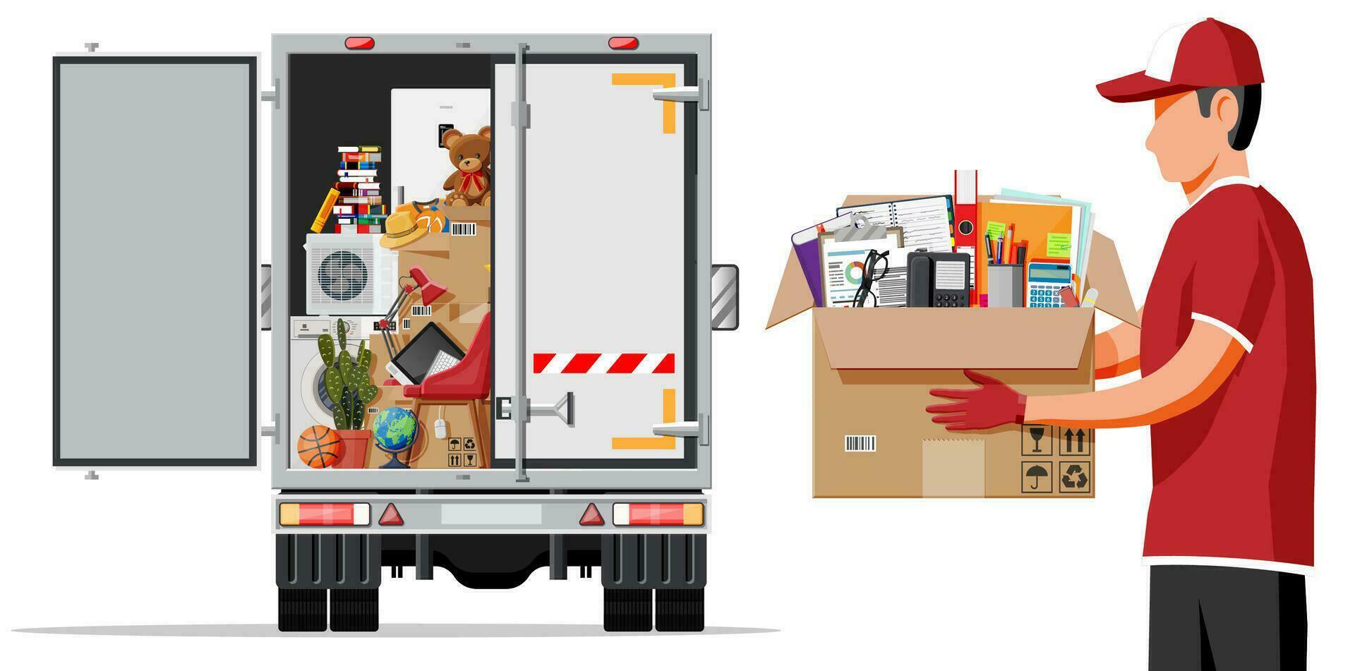 entrega camión lleno de hogar cosas adentro. Moviente a nuevo casa. familia reubicado a nuevo hogar. cajas con bienes. paquete transporte. computadora, lámpara, ropa, libros. plano vector ilustración