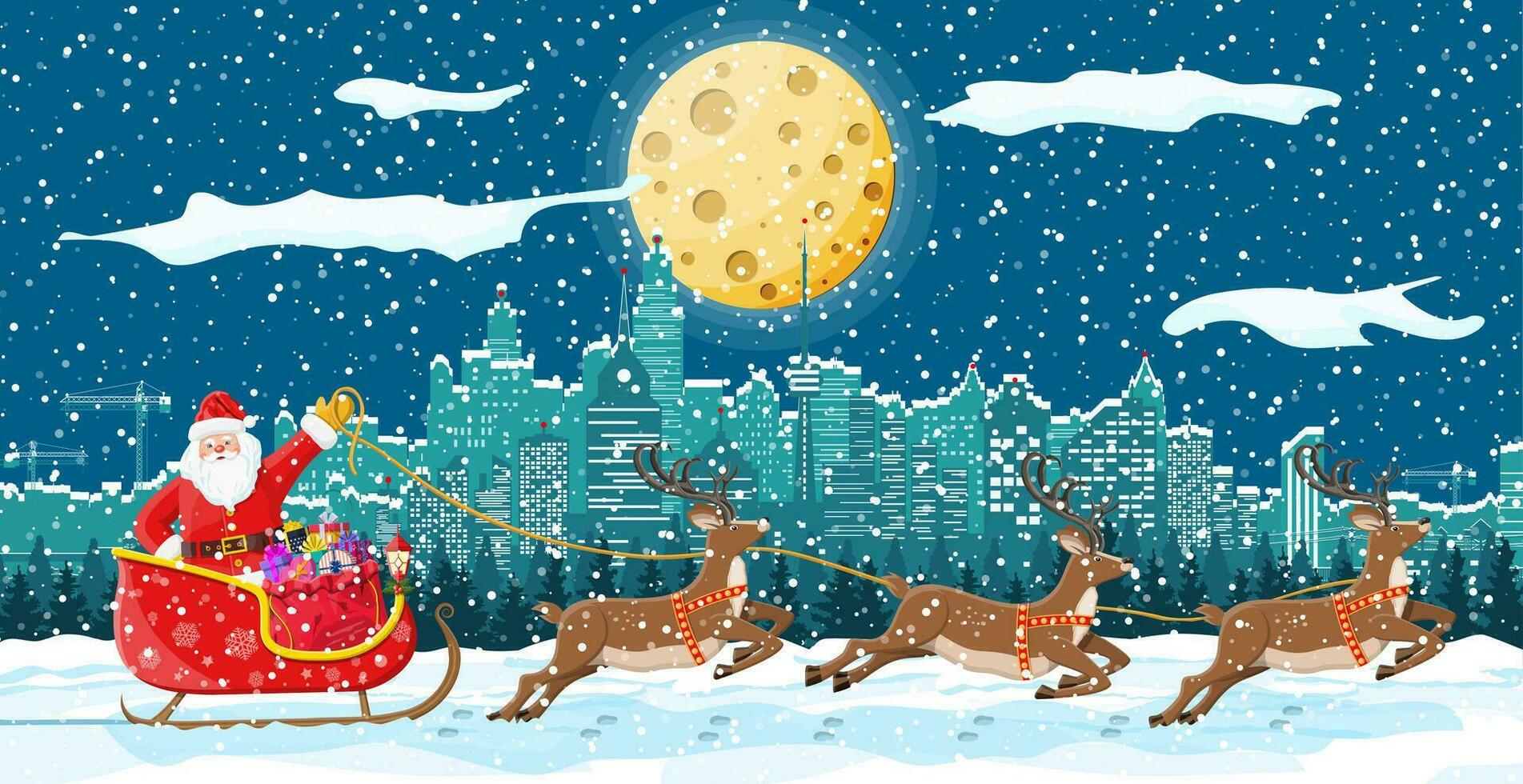 Santa claus rides reindeer sleigh. Christmas winter cityscape, snowflakes and trees. Happy new year decoration. Merry christmas holiday. New year and xmas celebration. Vector illustration flat style