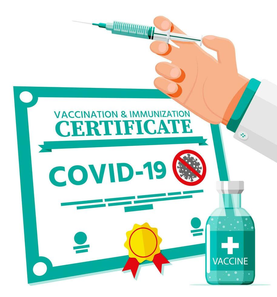 Covid-19 vaccination passport. Vaccinated health document as proof person is immune to disease. Coronavirus immune pass, syringe. Corona virus vaccine certification concept. Flat vector illustration