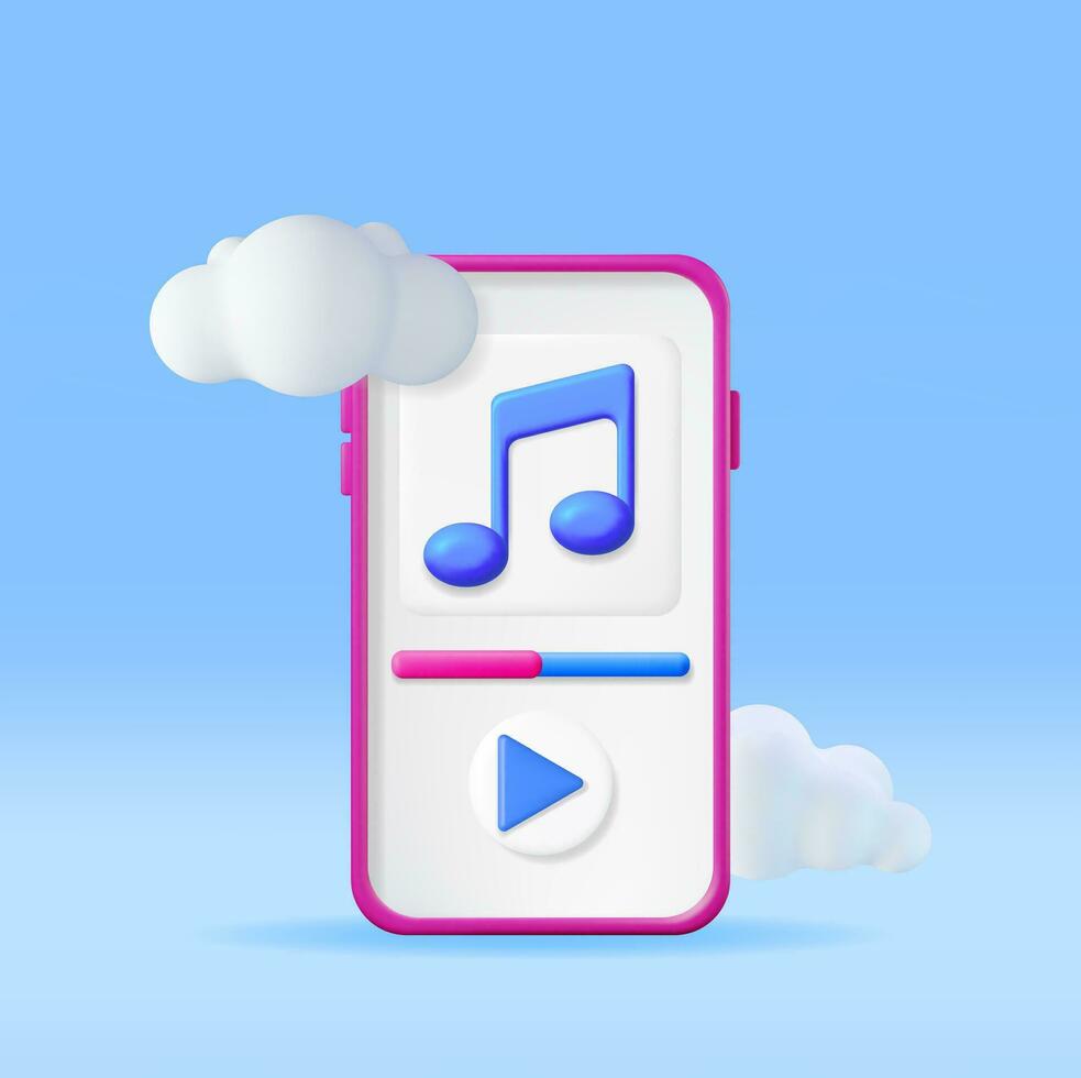 3D Music Cloud Note in Mobile Phone. Render Smartphone Streaming Music Platform Icon. Modern Music Service Symbol. Note Realistic Design. Musical Note, Sound, Song or Noise Sign. Vector illustration