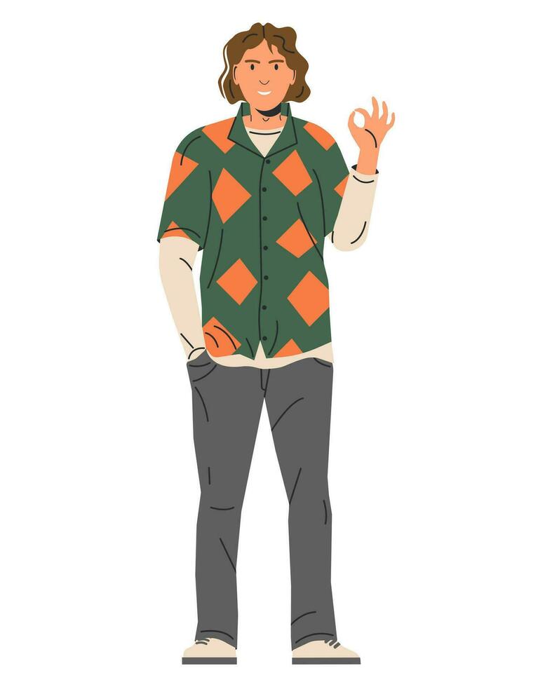 Stylish Young Man Showing Okay Sign. OK Hand Gesture by Male Character in Trendy Clothes. Fashion Person in Casual Outfit Making OK, Cool Gesture with Fingers. Body Language. Flat Vector Illustration