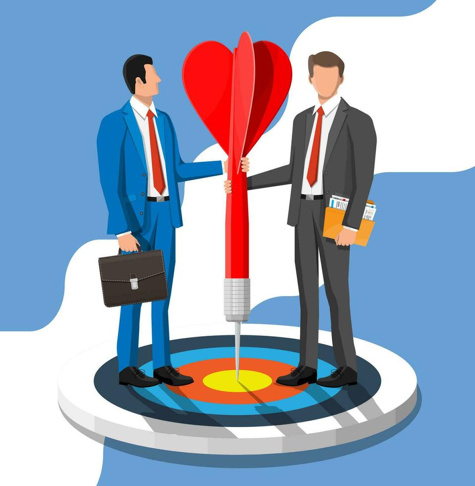 Businessmans in suit with briefcase and folder standing with red arrow on target. Symbol of victory, successful mission, goal and achievement. Business success. Flat vector illustration