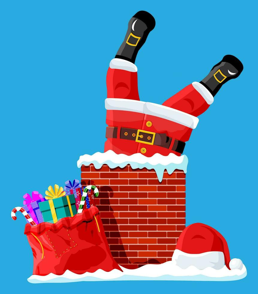 Santa claus stuck in chimney. Bag with gifts and hat. Rooftop chimney with santa isolated. Happy new year decoration. Merry christmas holiday. New year and xmas celebration. Flat vector illustration