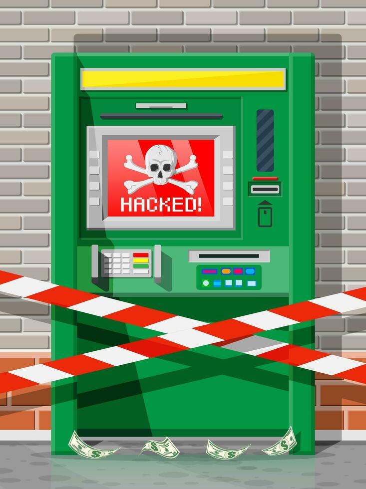 Hacked atm concept, skimming, stealling money from automated teller machine. Out of service or robbery, criminal hacks software in bank. Spyware malware. Computer security. Flat vector illustration