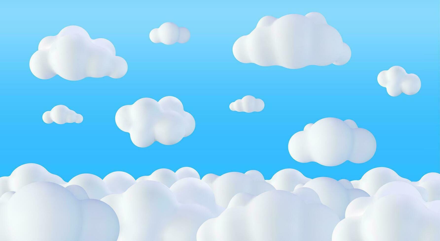 Beautiful Fluffy Clouds on Blue Sky Background. Collection of Cartoon Cumulus Cloud. Render Bubble Cute Circle Shaped Smoke or Cumulus Fog Symbol. Vector Illustration