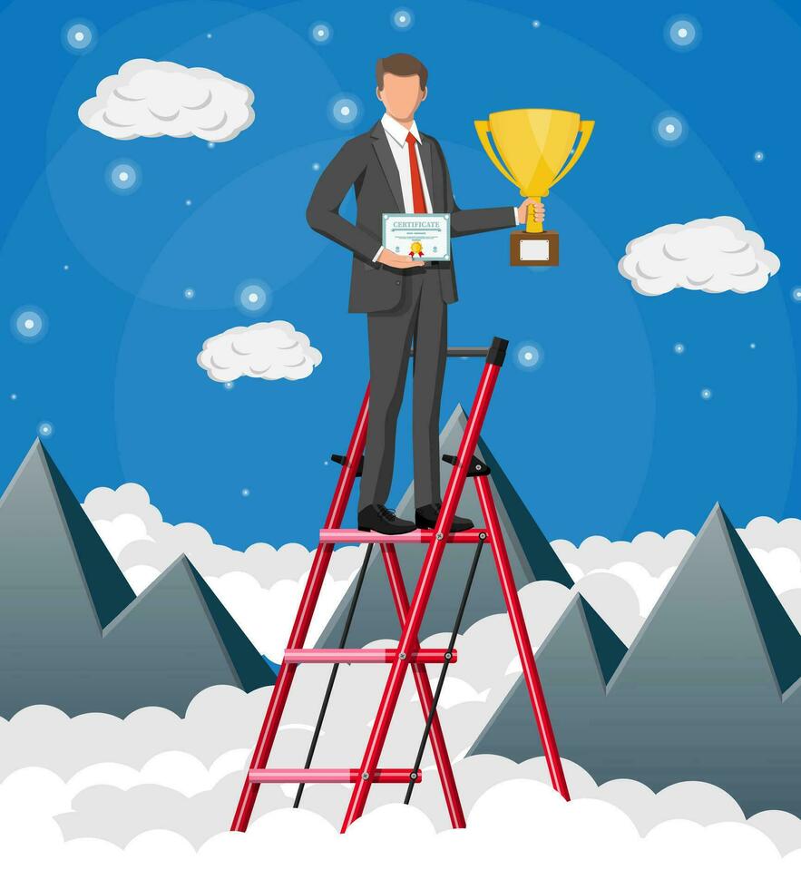 Businessman holding trophy, showing award certificate celebrates his victory. Mountains, cloud, sky. Business success triumph goal achievement. Winning of competition. Flat vector illustration