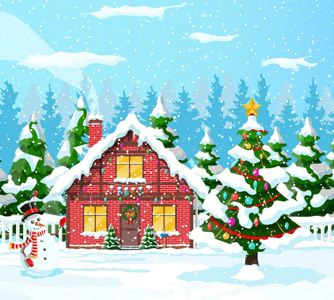 Suburban houses covered snow. Building in holiday ornament. Christmas landscape tree spruce, snowman. Happy new year decoration. Merry christmas holiday. New year xmas celebration. Vector illustration