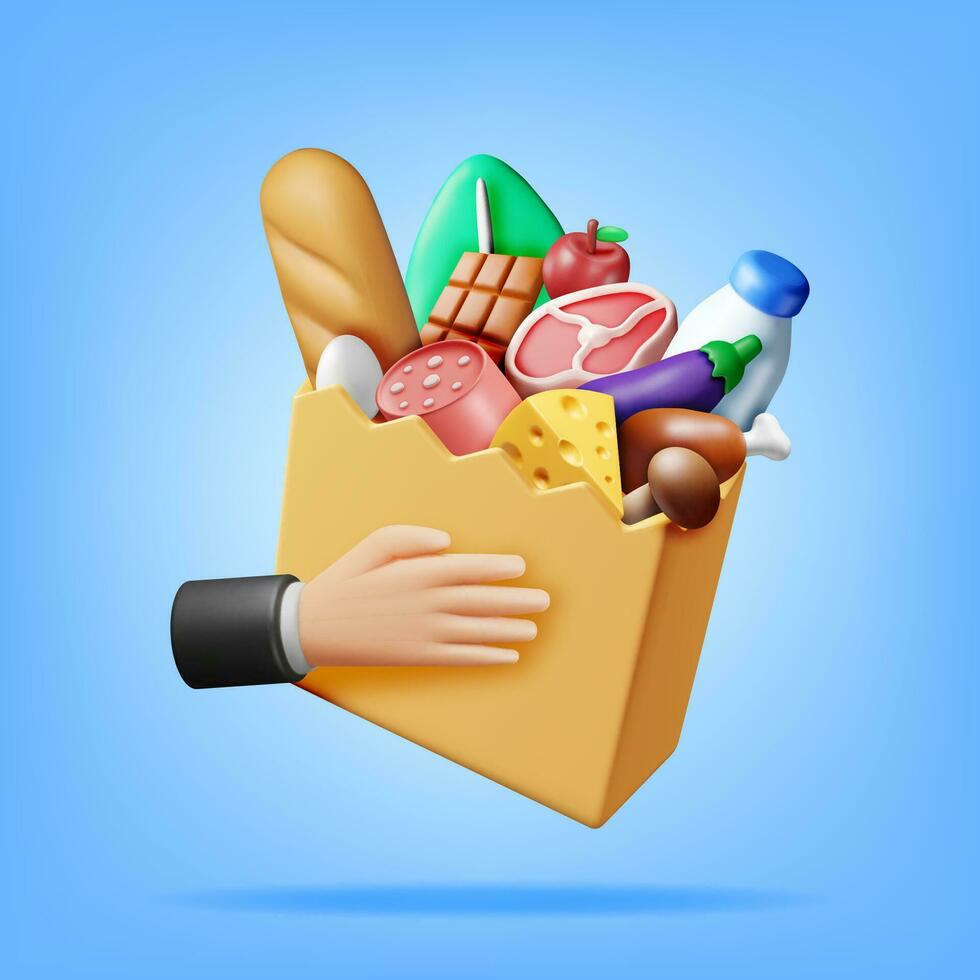 3D Shopping Paper Bag with Fresh Products in Hand. Render Grocery Store, Supermarket. Food and Drinks. Milk, Vegetables, Meat Chicken, Cheese, Sausage, Salad Bread, Chocolate, Egg. Vector illustration
