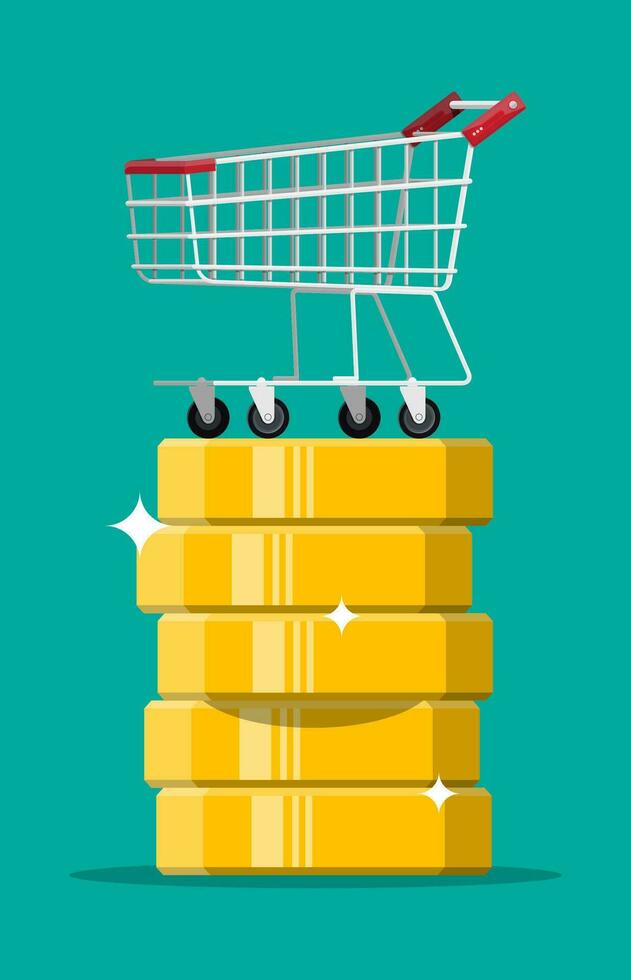 Shopping cart on gold dollar coin stack. Financial and economic concepts. Metal shop trolley on wheels and golden money. Vector illustration in flat style