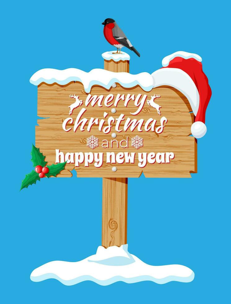 Wooden signboard isolated on blue with bullfinch bird, holly and santa claus hat. Happy new year decoration. Merry christmas holiday. New year and xmas celebration. Vector illustration flat style