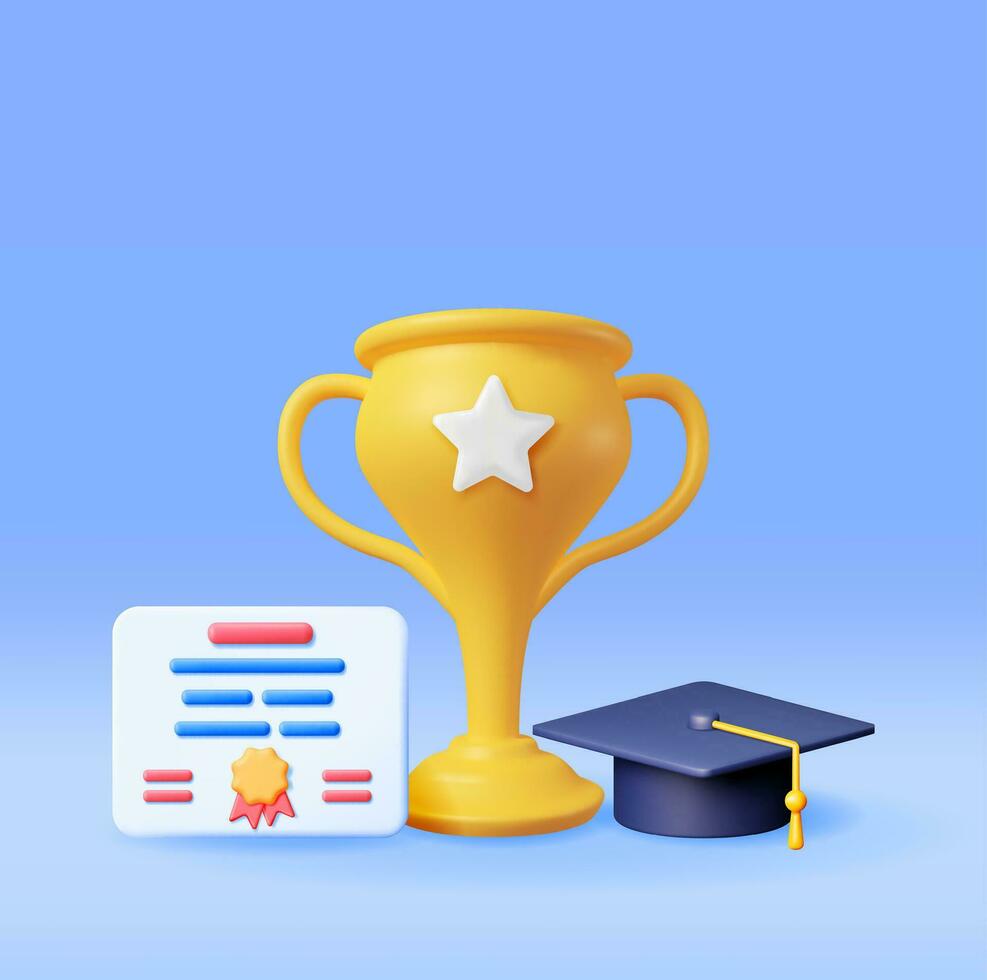 3D Gold Trophy, Diploma and Graduation Cap Isolated. Render Golden Cup and Education Hat. Diploma or Accreditation. Goal and Achievement. Business Graduation Concept. Vector Illustration
