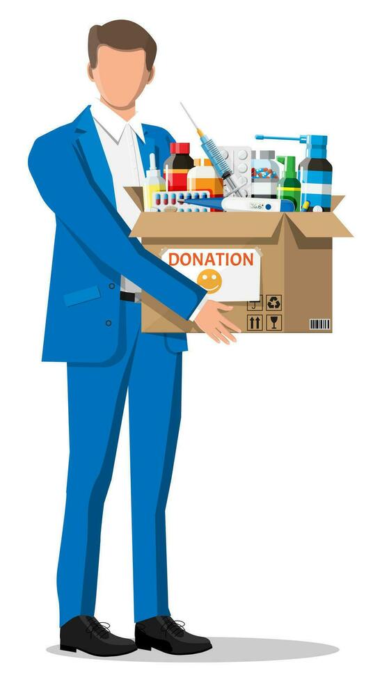 Man and cardboard box full of drugs. Needed items for donation. Different pills bottles, healthcare, pharmacy. Medical drug vitamin, antibiotic. Donate, charity, thanksgiving. Flat vector illustration