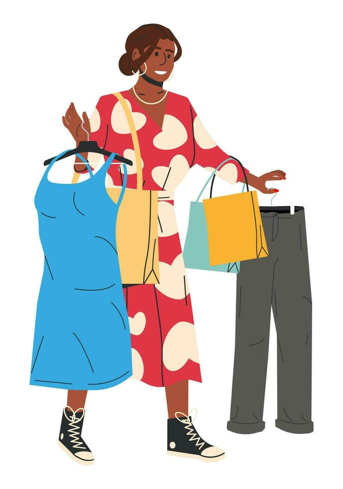 de moda mujer participación paquetes con ropa. africano americano mujer después compras. elegante niña en verano vestir y comprador bolsa. hembra personaje en casual ropa. plano vector ilustración