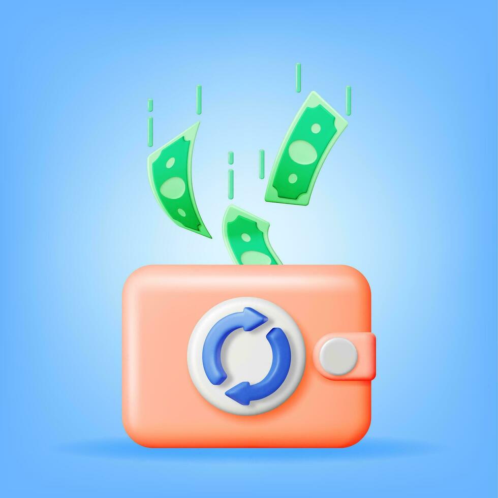 3D Round Arrow with Dollar Banknotes in Wallet. Render Cashback or Return Money in Shopping. Concept of Payment with Money Back. Refund and Digital Payment. Return of Investment. Vector Illustration