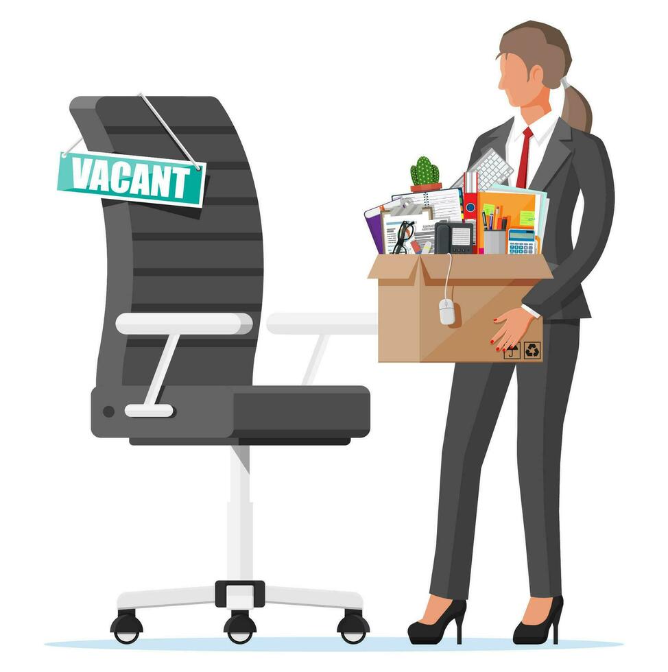 Office chair, sign vacancy. Employee with box with office goods. Hiring and recruiting. Human resources management, searching professional staff, work. Found right resume. Flat vector illustration