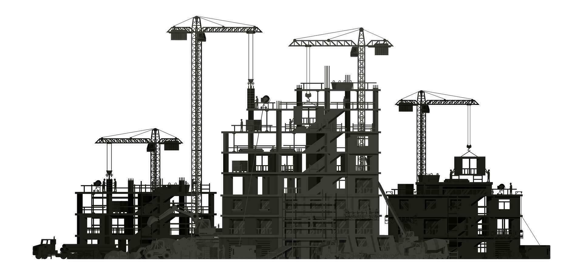 Construction Site Banner Silhouette Isolated. Truck car, Workers, Concrete Piles, Tower Crane. Under Construction Design Background. Building Materials and Equipment. Cartoon Flat Vector Illustration