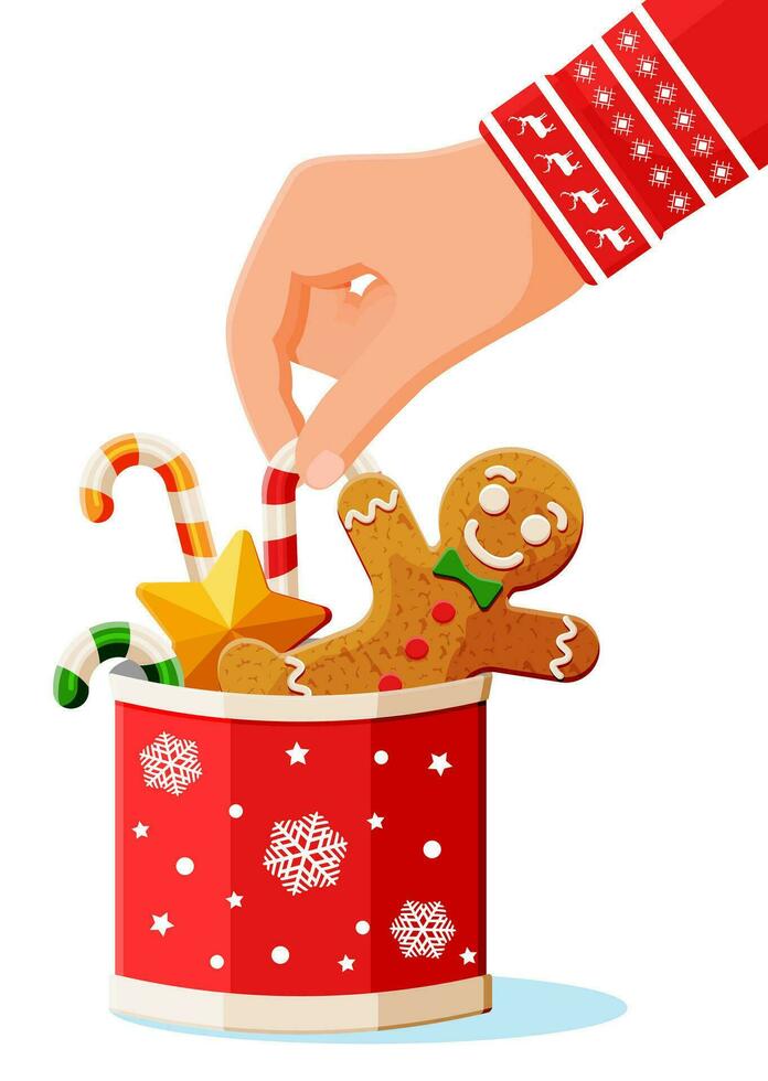 Tradition Desserts in Cup with Snowflake. Gingerbread Man, Star Cookie and Candycane. Cookie in Shape of Man with Icing. Merry Christmas Holiday. New Year Xmas Celebration. Flat vector Illustration