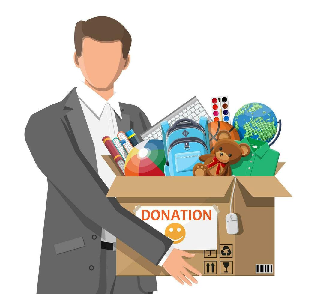 Man, cardboard donation box toys, books, clothes and devices. Help for children, support for poor kid. Donate container in hand. Social care, volunteering, charity concept. Flat vector illustration