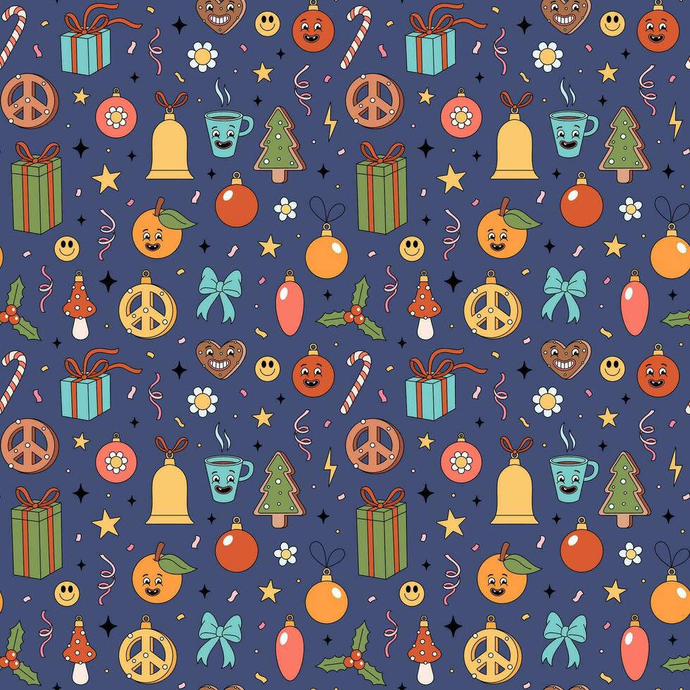Christmas groovy elements pattern. Groovy Hippie holiday texture with Christmas objects in retro 70s style. Vector hand drawn illustration on dark blue background.