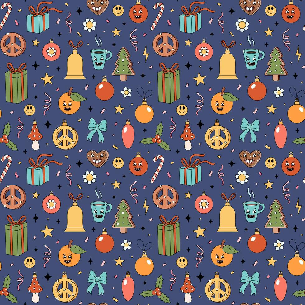 Christmas groovy elements pattern. Groovy Hippie holiday texture with Christmas objects in retro 70s style. Vector hand drawn illustration on dark blue background.