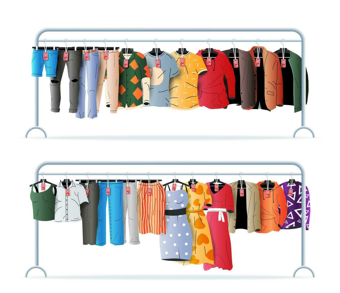 Mens and Womans Clothes on Hanger. Shop Wardrobe. Clothes and Accessories. Various Hanging Clothing with Price Tag. Seasonal Sale of Clothes. Jacket, Shirt, Jeans, Pants. Flat Vector Illustration