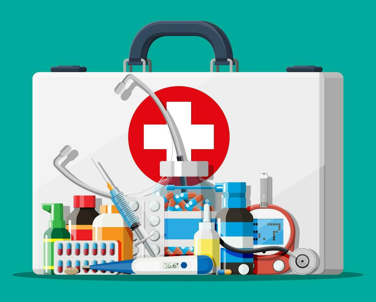 Medical first aid kit with different pills and medical devices. Medical tools, drugs, stethoscope, syringe, glucometer, thermometer. Healthcare diagnostics. Urgency emergency. Flat vector illustration