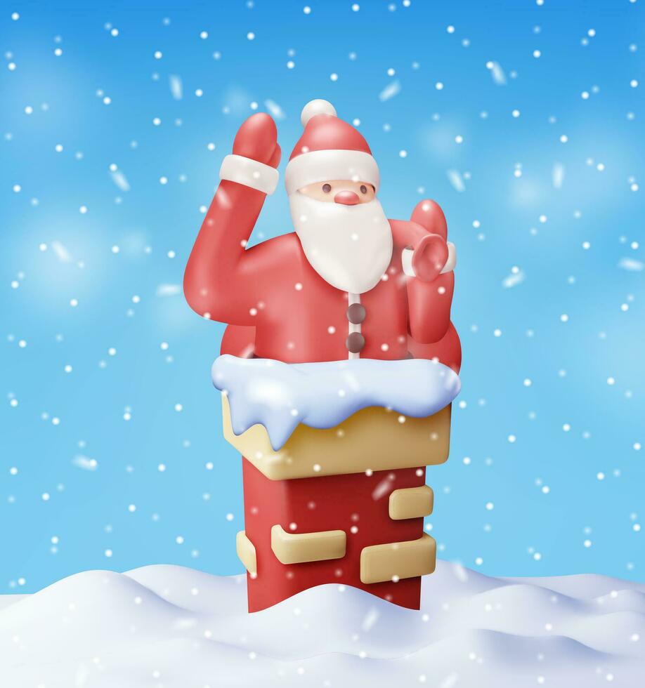 3D Santa Claus with Bag with Gifts in House Chimney. Render Happy New Year Decoration Card. Merry Christmas Eve Holiday. New Year and Xmas Celebration. Realistic Vector Illustration