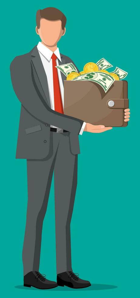 Businessman holding leather wallet full of gold coins, dollar banknotes. Business man with money purse. Growth, income, savings, investment. Symbol of wealth business success. Flat vector illustration