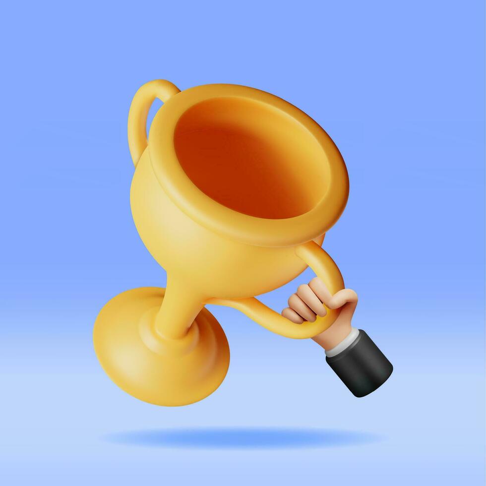 3D Golden Champion Trophy in Hand. Render Gold Cup Trophy Icon. Gold Trophy for Competitions. Award, Victory, Goal, Champion Achievement, Prize, Sports Award, Success Concept. Vector Illustration