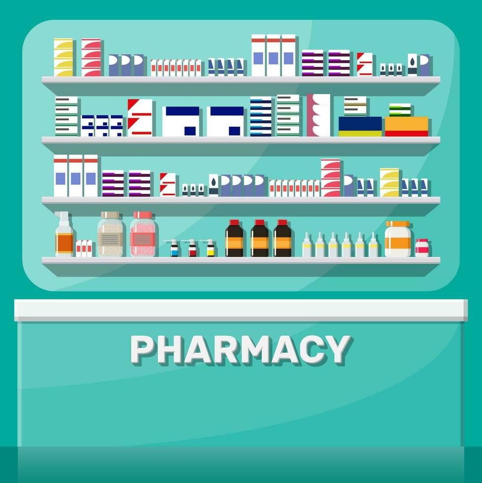 Modern interior of pharmacy. Medicine pills capsules bottles vitamins and tablets. Drugstore showcase. Shelves with medicines. Medical drug, vitamin, antibiotic healthcare. Flat vector illustration