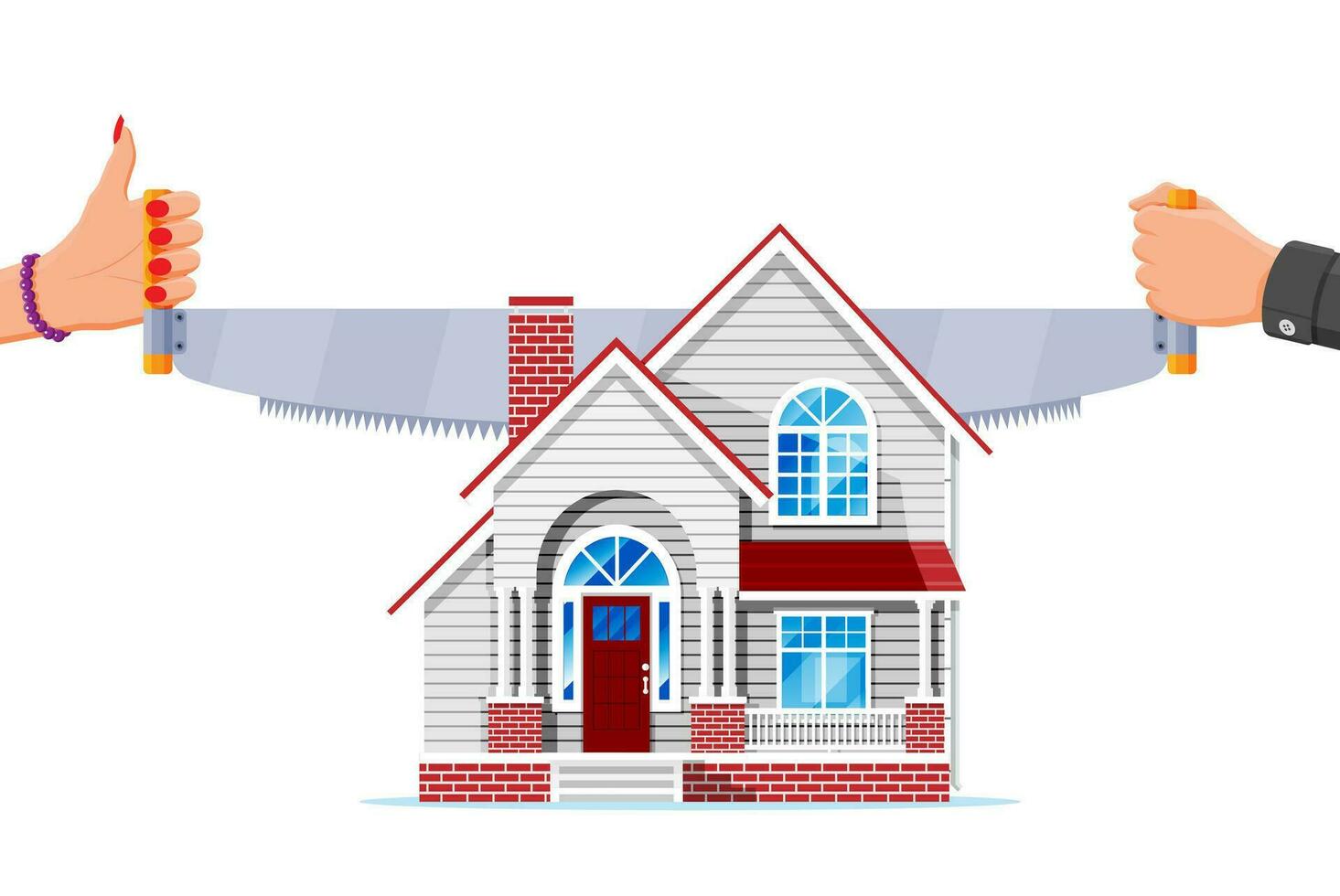 Two Handed Saw Cuts House in Half. Property Division or Section Concept. Real Estate Divide. Woman and Man Cuts House After End of Marriage. Dissolution of Marriage Contract. Flat Vector Illustration