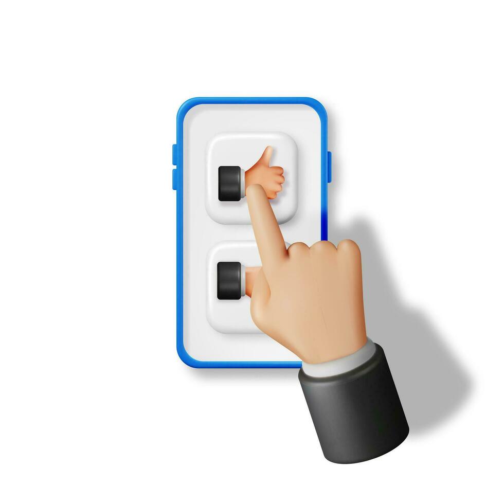 3D Thumbs Up and Thumbs Down Hands Gestures in Mobile Phone Isolated. Render Like and Dislike Hand Symbols on Screen. Customer Rating or Vote Icons. Cartoon Fingers Gestures. Vector Illustration