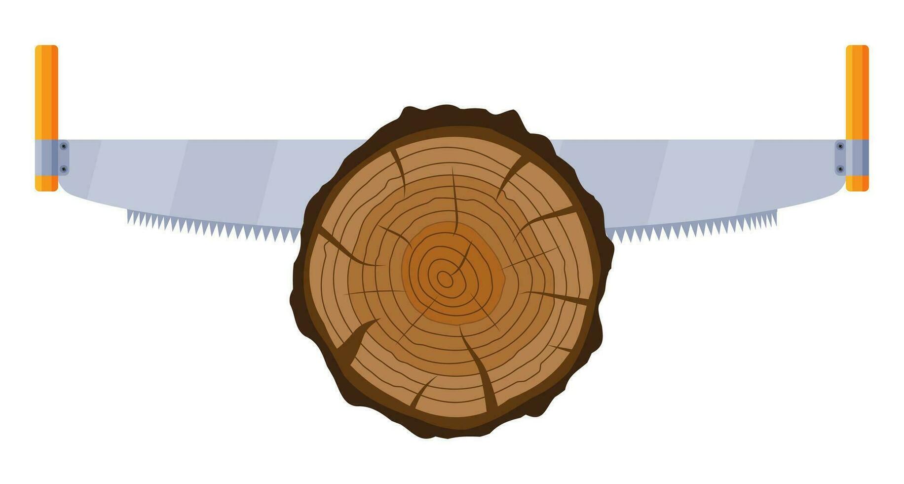Saw Sawing Tree Trunk. Carpenter Sawing Wood. Wood Cut, Cross Section of Tree or Stump. Carpentry Work. Wooden Log and Hand Saw. Cartoon Flat Vector Illustration