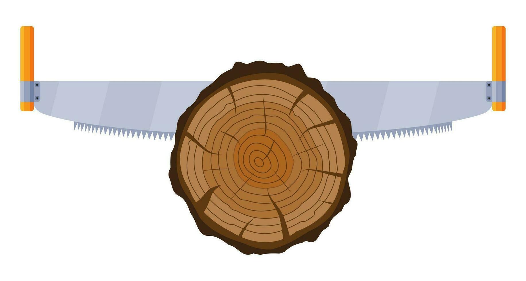 Sierra aserradura árbol trompa. carpintero aserradura madera. madera cortar, cruzar sección de árbol o tocón. carpintería trabajar. de madera Iniciar sesión y mano sierra. dibujos animados plano vector ilustración