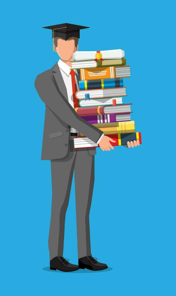 estudiante empresario y apilar de libros. negocio hombre con trofeo y diploma. educación y estudiar. negocio éxito, triunfo, objetivo o logro. victorioso de competencia. plano vector ilustración