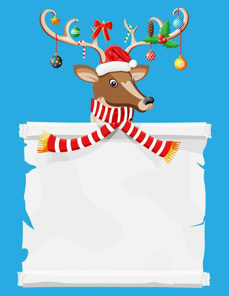 Cute deer with antlers, scarf, holly, bow, baubles. Scroll with place for text. Happy new year decoration. Merry christmas holiday. New year and xmas celebration. Vector illustration in flat style